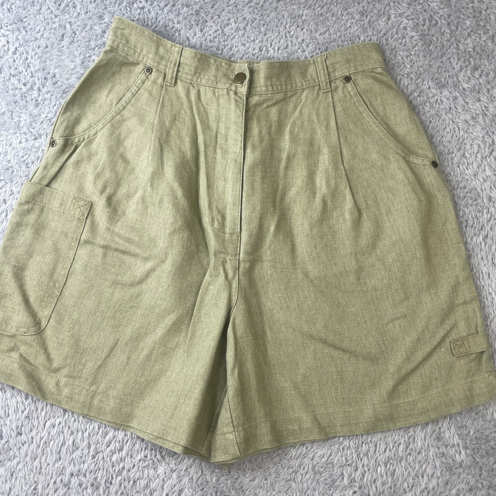 Talbots Linen Cotton Shorts Womens 10 Green Pleated High Rise Utility Pockets